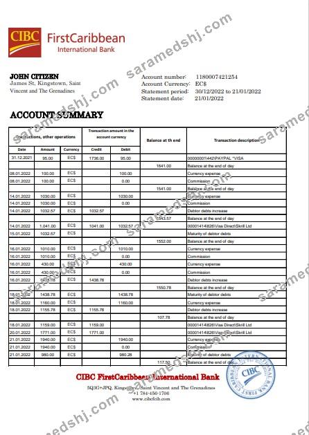 Saint Vincent and The Grenadines First Caribbean International Bank statement template in Excel and PDF format